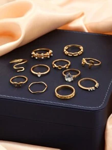 11pcs Gold Luxury Rhinestone Women's Alloy Ring Set Elegant Retro Jewelry Love Butterfly