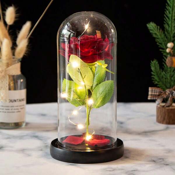 1pc Glass Dome Decor With Artificial Rose Flower, Eternal Flower Decoration, Creative Gift For Mother's Day, Valentine's Day, With LED Light