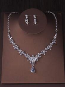 High End Bridal Jewelry Set For Women, Floral Rhinestone Water Drop Shape Necklace And Earrings Set, Stage Performance/Fancy Dress Accessory Necklace