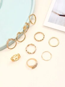 11pcs Gold Luxury Rhinestone Women's Alloy Ring Set Elegant Retro Jewelry Love Butterfly