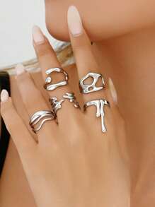 5 件/套复古波西米亚不对称液体开口戒指套装，可调节不锈钢镀金戒指，女士派对礼物 - 套裝戒指 - 查看 14