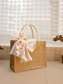 1pc Burlap Tote Bag With Lace Ribbon Resuable And Durable Jute Gift Handbags For Wedding ,Bridesmaid,Grocery Shopping,Women And Brithday Party