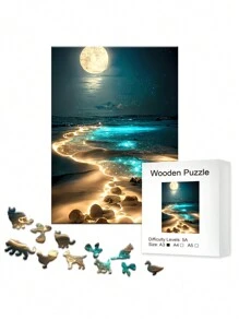 Rompecabezas de madera con forma asimétrica de la luna en la playa, diseñado para adultos, pintura decorativa de rompecabezas de madera, regalo para el Día de San Valentín, Día del Maestro, Navidad, rompecabezas