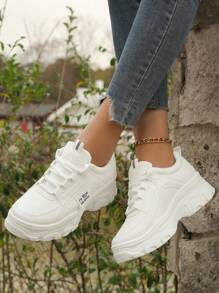 全新時尚女用低筒白底皮革休閒運動鞋，圓頭，防水，厚底，輕便，防滑 - 白色 - 查看 1