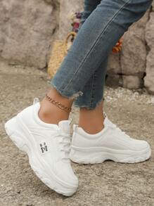 全新時尚女用低筒白底皮革休閒運動鞋，圓頭，防水，厚底，輕便，防滑 - 白色 - 查看 5