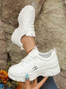 全新時尚女用低筒白底皮革休閒運動鞋，圓頭，防水，厚底，輕便，防滑 - 白色 - 查看 3