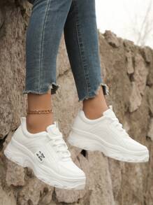 全新時尚女用低筒白底皮革休閒運動鞋，圓頭，防水，厚底，輕便，防滑 - 白色 - 查看 2
