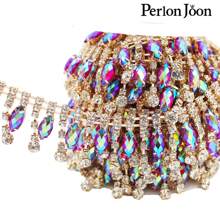 Perlon Joon 1 Yard Vàng Thả AB Màu Rhinestone Trim Nhiều Màu Pha Lê Vàng Chuỗi Cho Phụ Nữ Quần Áo Trang Trí Giày Dép Phụ Kiện - Vàng - Xem 6
