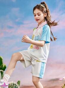 2 件套 Tween 女童拼色卡通印花 Polo 衫和休闲短裤套装，夏季 - 米色 - 查看 8