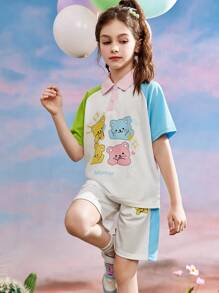2 件套 Tween 女童拼色卡通印花 Polo 衫和休闲短裤套装，夏季 - 米色 - 查看 7