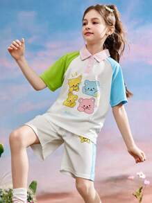 2 件套 Tween 女童拼色卡通印花 Polo 衫和休闲短裤套装，夏季 - 米色 - 查看 2