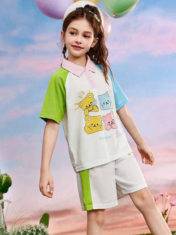 2 pièces/Ensemble T-shirt polo imprimé dessin animé blocs de couleurs et short décontracté pour filles préadolescentes, été