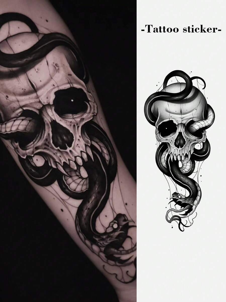 1 Miếng Hình xăm dán tạm thời Với Sọ , Con rắn , Và Tối Phong cách Mẫu , Không thấm nước Và không phản chiếu - màu đen - Xem 1