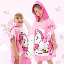 SHENG CHUN 1pc Microfiber Children Hooded Towel, Multi-Size, Absorbent Warm Cloak, Versatile For Swimming, Beach, Bathroom, Pink Unicorn Cartoon Print - Watermelon Pink - View 9