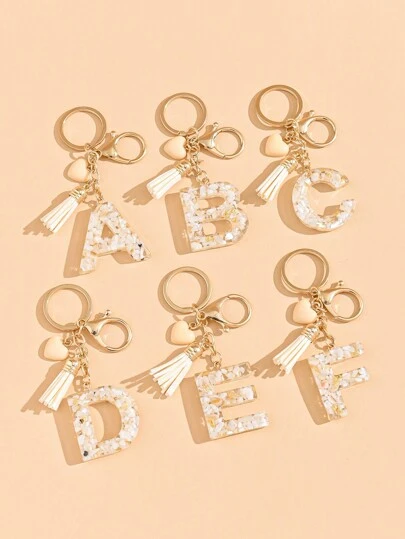 1 件女士米色树脂心形字母和流苏钥匙扣，可爱风格钥匙圈，创意礼物送给朋友万圣节汽车配件包魅力学校哥特 Y2k