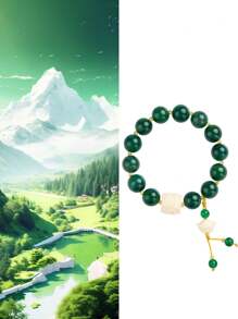 [VE] 1pc High-Quality Natural Green Agate & Ingot Bead Bracelet, Symbolizing Prosperity, Luck & Wealth. The Green Agate Has Warm Luster Representing Vibrant Life Force, While The Ingot Represents Abundant Wealth. The Combination Is Not Only Elegant But Also Expresses People's Aspiration For A Better Life. The Natural Gemstone Color Is Random. - Green White - View 2