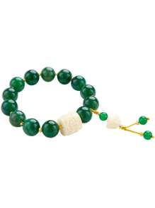 [VE] 1pc High-Quality Natural Green Agate & Ingot Bead Bracelet, Symbolizing Prosperity, Luck & Wealth. The Green Agate Has Warm Luster Representing Vibrant Life Force, While The Ingot Represents Abundant Wealth. The Combination Is Not Only Elegant But Also Expresses People's Aspiration For A Better Life. The Natural Gemstone Color Is Random. - Green White - View 4