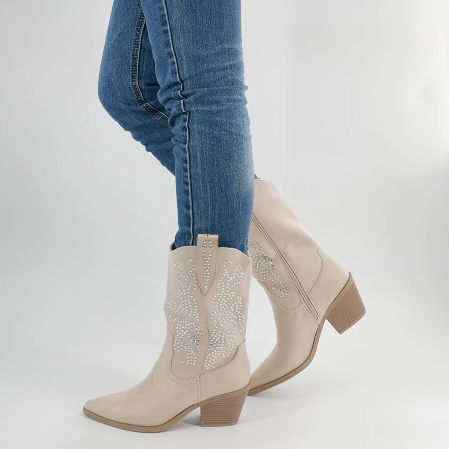 Women's Mid Heel Mid Calf Boots, Ankle Boots, Rhinestone Inlaid, Floral Print, Modern, Fashion. - Black - View 1