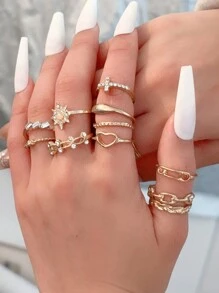 11pcs Gold Luxury Rhinestone Women's Alloy Ring Set Elegant Retro Jewelry Love Butterfly