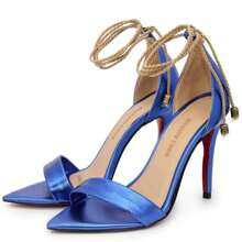 Sandália de Grife Feminina Azul Salto Alto Bico Folha Fecho de Cordão Confortável Moderna Versátil
