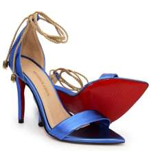 Sandália de Grife Feminina Azul Salto Alto Bico Folha Fecho de Cordão Confortável Moderna Versátil