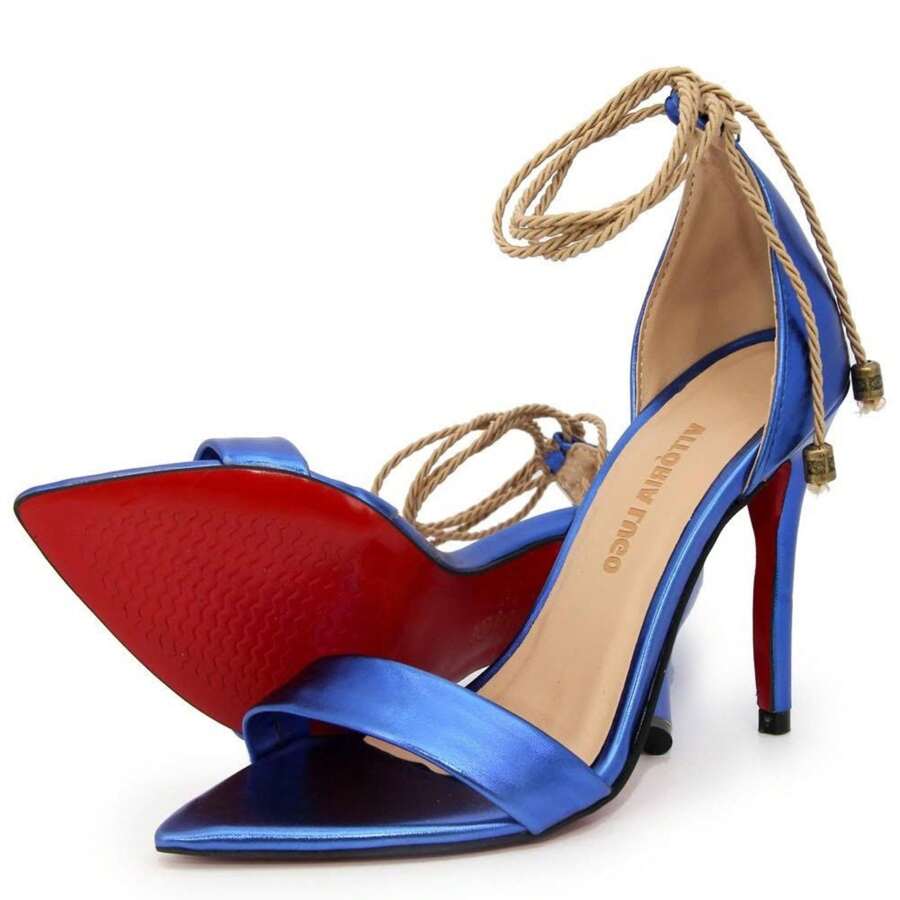 Sandália de Grife Feminina Azul Salto Alto Bico Folha Fecho de Cordão Confortável Moderna Versátil