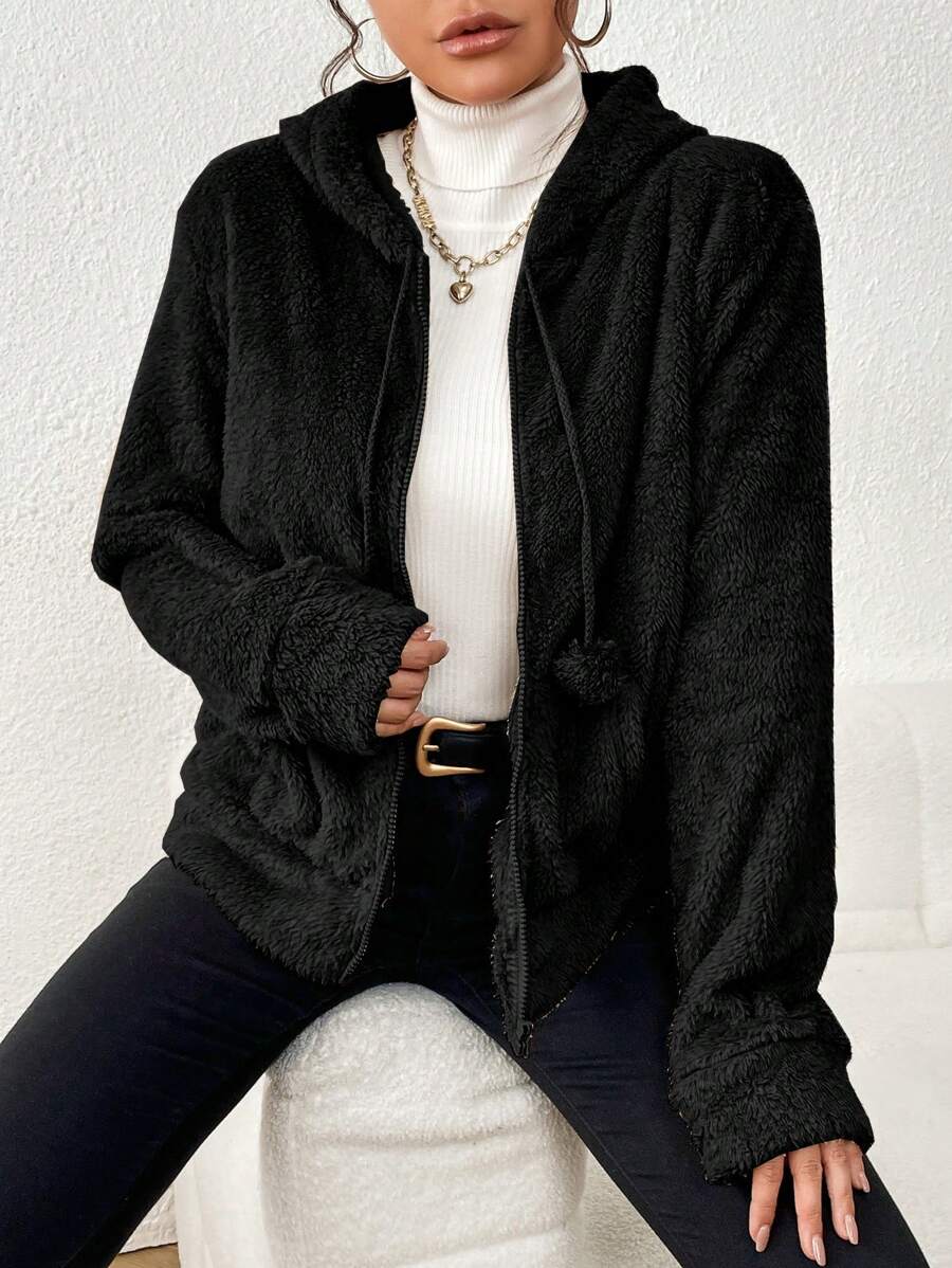Casaco tedy feminina manga longa com zíper e capuz grosso importado