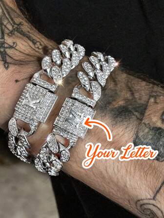 LIGHTSOME Custom Letters Miami Link Bracelet For Men Iced Out Customized Silvery Initial Bracelet Hip Hop Jewelry Initial Letter Name Bracelet For Women 8 Inch Length Hip Hop Jewelry Best Gift For My Men&Boys
