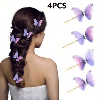 4入組/套紗線蝴蝶配假珍珠髮夾，可愛鱷魚夾髮飾