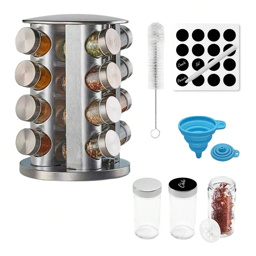 ANDROMEDA INC Especiero Giratorio Moderno 16 Frascos De Vidrio Cocina - Plateado - Ver 1