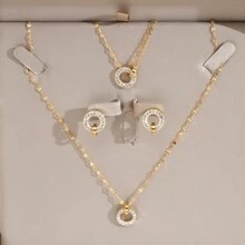 4pcs/Set Golden Stainless Steel Lips Chain & Cz Square & Circle Necklace & Bracelet & Earrings Combination Set, Y2k Style Fashionable Accessory For Women, Couples, Streetwear, Daily Wear, Office, Festival And Party Outfits