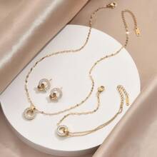 4pcs/Set Golden Stainless Steel Lips Chain & Cz Square & Circle Necklace & Bracelet & Earrings Combination Set, Y2k Style Fashionable Accessory For Women, Couples, Streetwear, Daily Wear, Office, Festival And Party Outfits