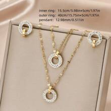 4pcs/Set Golden Stainless Steel Lips Chain & Cz Square & Circle Necklace & Bracelet & Earrings Combination Set, Y2k Style Fashionable Accessory For Women, Couples, Streetwear, Daily Wear, Office, Festival And Party Outfits