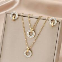 4pcs/Set Golden Stainless Steel Lips Chain & Cz Square & Circle Necklace & Bracelet & Earrings Combination Set, Y2k Style Fashionable Accessory For Women, Couples, Streetwear, Daily Wear, Office, Festival And Party Outfits