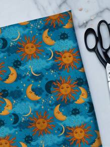 Tela con estampado de sol y luna azul, de una sola pieza, adecuada para hacer manteles y ropa