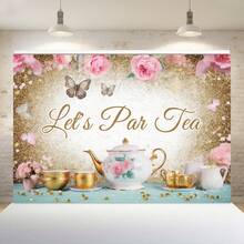 Tea Party Backdrop Pink Rose Floral Gold Butterfly Teapot Let's Partea Background Spring Girl Princess Wonderland Afternoon Tea Cake Table Decorations Supplies 59x39 Inch - Gold - View 1