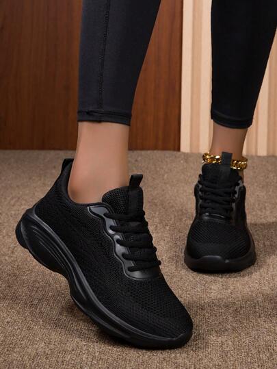 1pair Women's Black Breathable Outdoor Running Shoes, Anti-Slippery, Durable, Perfect For Hiking