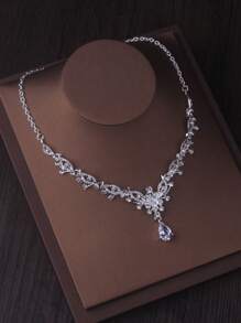 High End Bridal Jewelry Set For Women, Floral Rhinestone Water Drop Shape Necklace And Earrings Set, Stage Performance/Fancy Dress Accessory Necklace