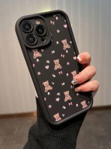 Compatible With IPhone Bow 1pc Black Bamboo Bear Compatible With IPhone Case Compatible With 15promax/15plus/15pro/15/14/13, 12paomax/11/12, Pink Heart & Butterfly Decor Fully Wrapped Protective Case For Women