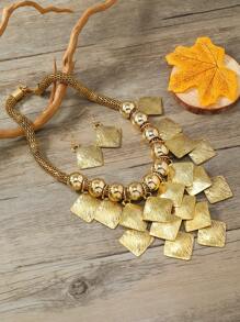 2 piezas Aretes y 1 pieza Collar de cadena con bloque de cuentas geométricas multicapa con borla, conjunto de joyas casuales para fiesta en la playa para mujeres - Estrella - Ver 5