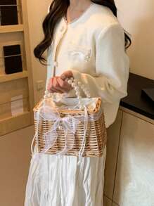 New Wedding Vine Ribbon Drawstring Square Pearl Handbag Woven Straw Tote Basket Bowknot Favor Gift