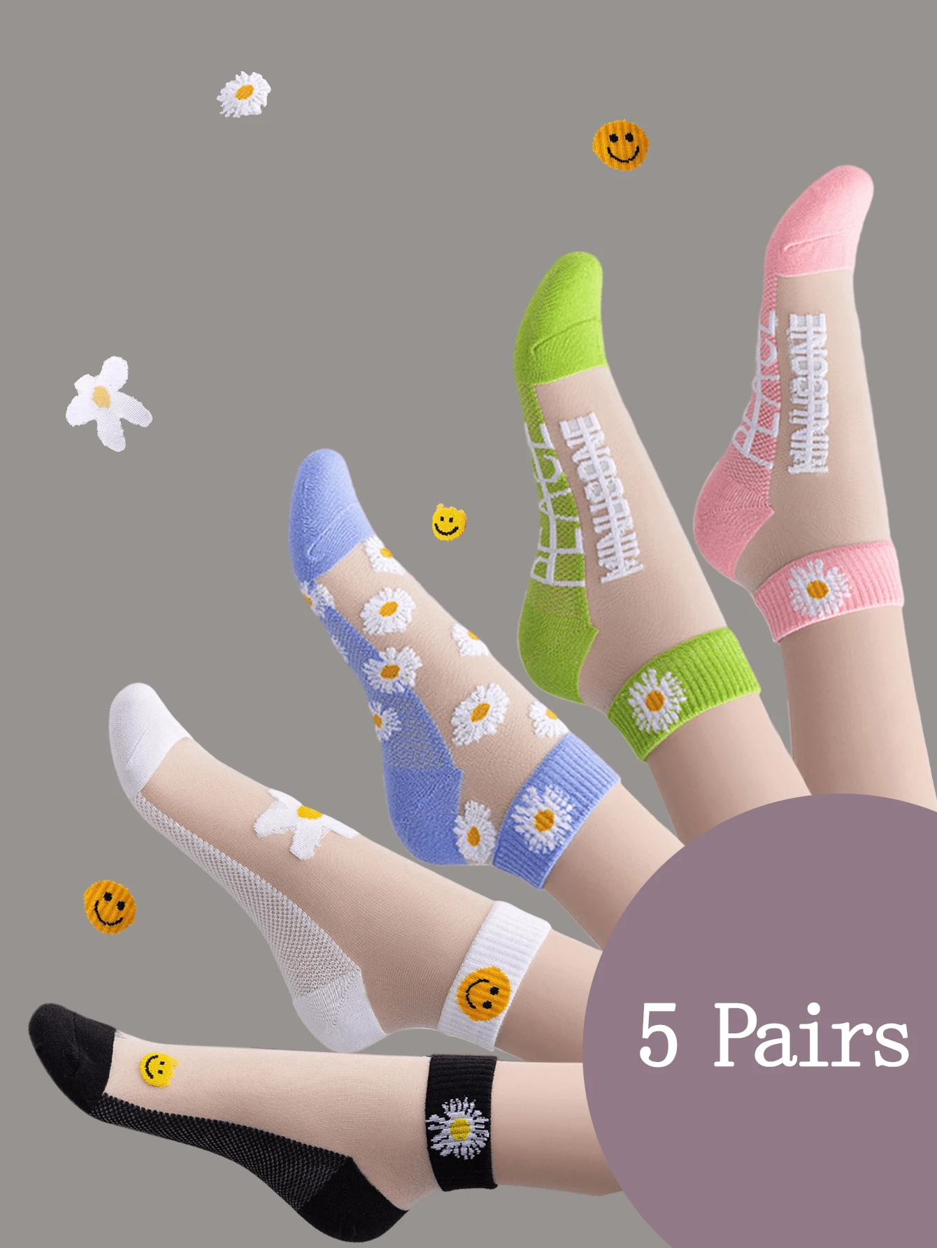 5 pares de calcetines de tobillo de verano con borlas, diseño de gato blanco y negro de fibra de vidrio transpirable, apropiados para uso diario, con tema de postre congelado para mujer