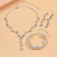 1pc Necklace + 1pair Earrings + 1pc Bracelet Fashionable Luxurious Rhinestone Claw Chain Welding Rhinestone Necklace Earrings Bracelet Bridal Jewelry Set - Silver - View 5