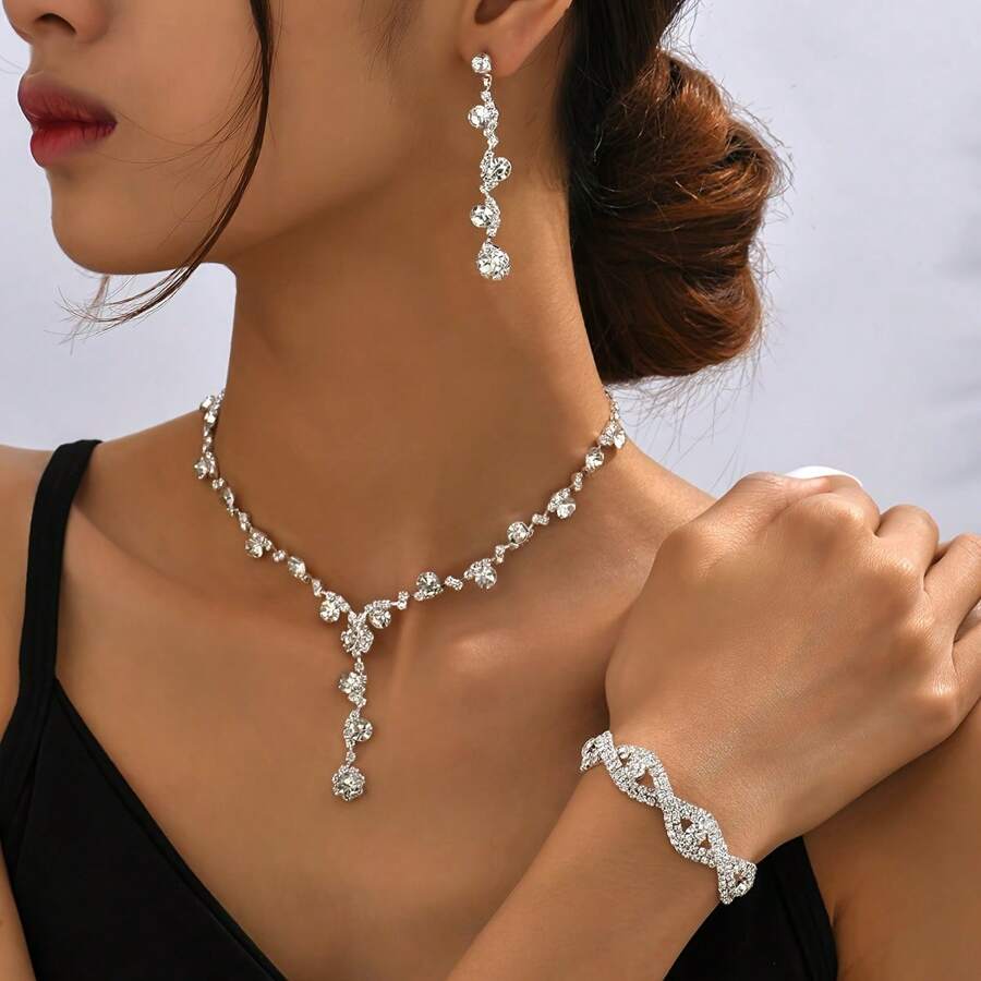 1pc Necklace + 1pair Earrings + 1pc Bracelet Fashionable Luxurious Rhinestone Claw Chain Welding Rhinestone Necklace Earrings Bracelet Bridal Jewelry Set - Silver - View 1