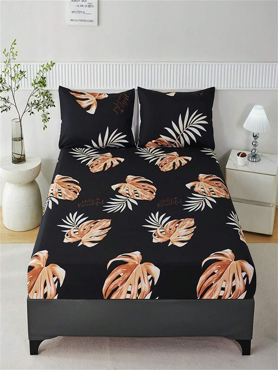 (2-3)Bộ chăn ga gối đệm in hình, 1 ga trải giường & 2 vỏ gối (Chiều cao tấm 30 cm) - Lá Vịnh Rùa-Đen - Xem 1