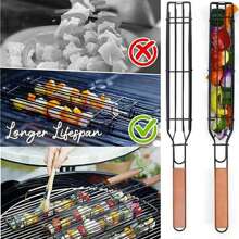 1 giỏ nướng BBQ bằng lưới sắt có tay cầm bằng gỗ, đựng xúc xích, rau củ - màu đen - Xem 2