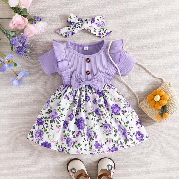 Sommer Baby Mädchen Kurzarm Blumenkleid Mit Schleife Dekoration, Rüsche Saum Und Haarband