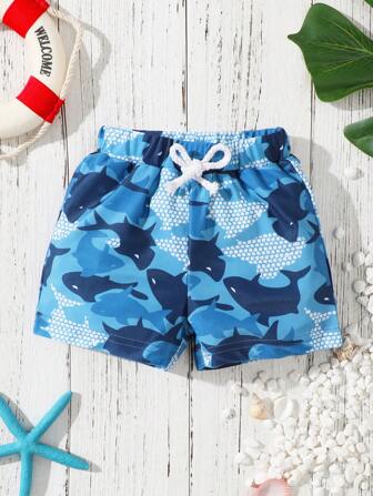 Traje De Baño Cuadrado Con Estampado De Tiburón Para Niños Pequeños, Para Las Vacaciones De Verano