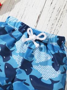 Baby Boys' Shark Printed Square Leg Swimsuit For Summer Holiday