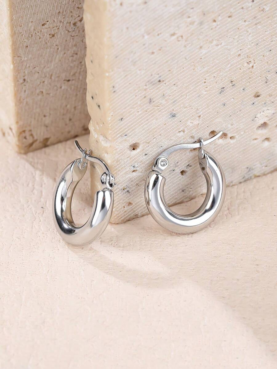 1pair Stainless Steel Mini Round Earrings - Silver - View 1